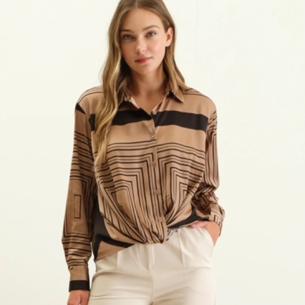 The Workshop Studio Geo Print Collared Button Down Long Sleeve Shirt